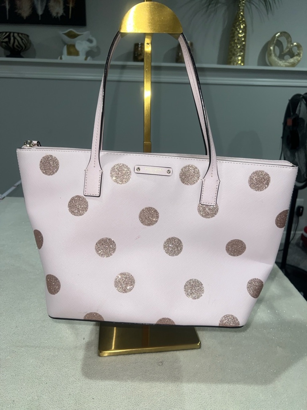 kate spade Pale Pink small Tote/handbag with Gold Glitter Polka Dots